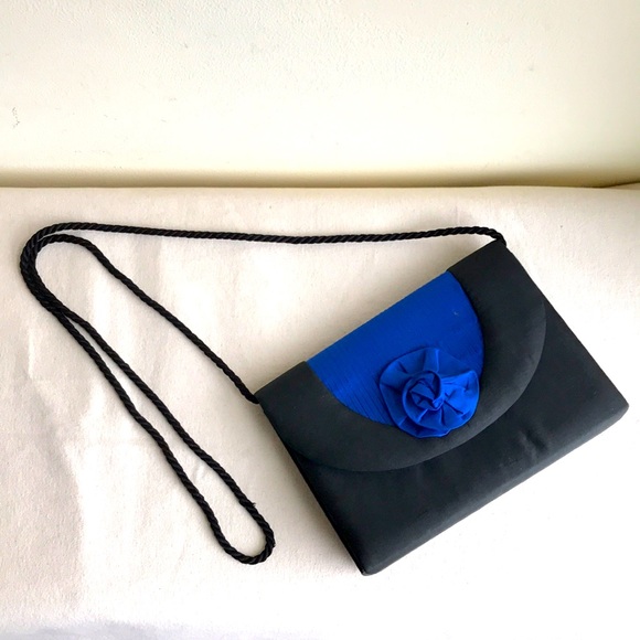 Jim Thomson bag silk evening bag electric blue black SILK rosette flower detail - Picture 1 of 11